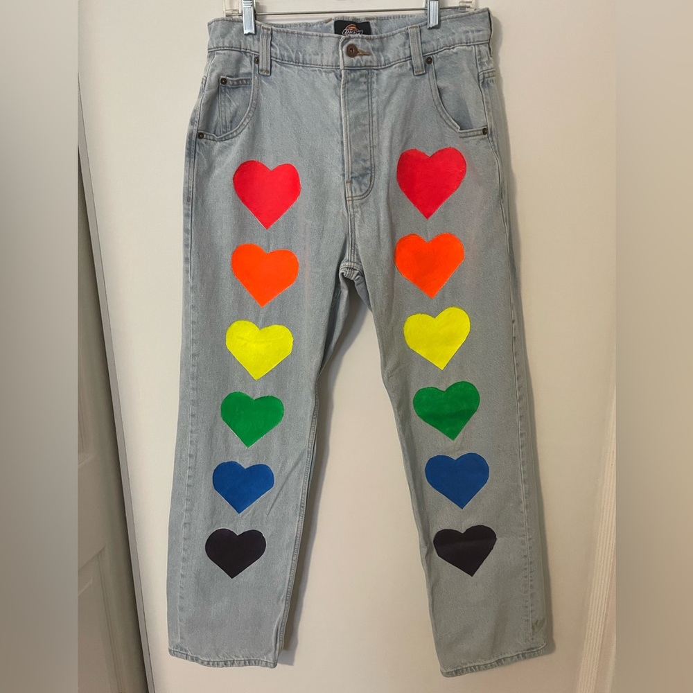 Dickies 32”32” light wash denim. Painted rainbow hearts.